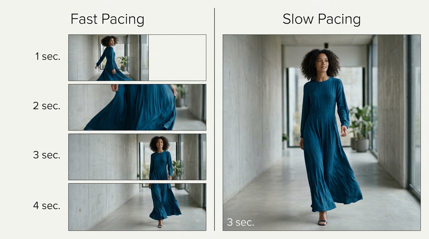 A visual comparison of fast-paced versus slow-paced editing styles in a fashion video ad.