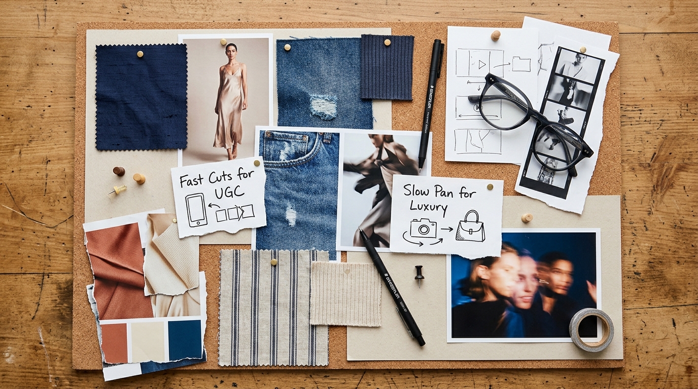 A mood board showing the strategic process of selecting an editing style for a fashion ad campaign.