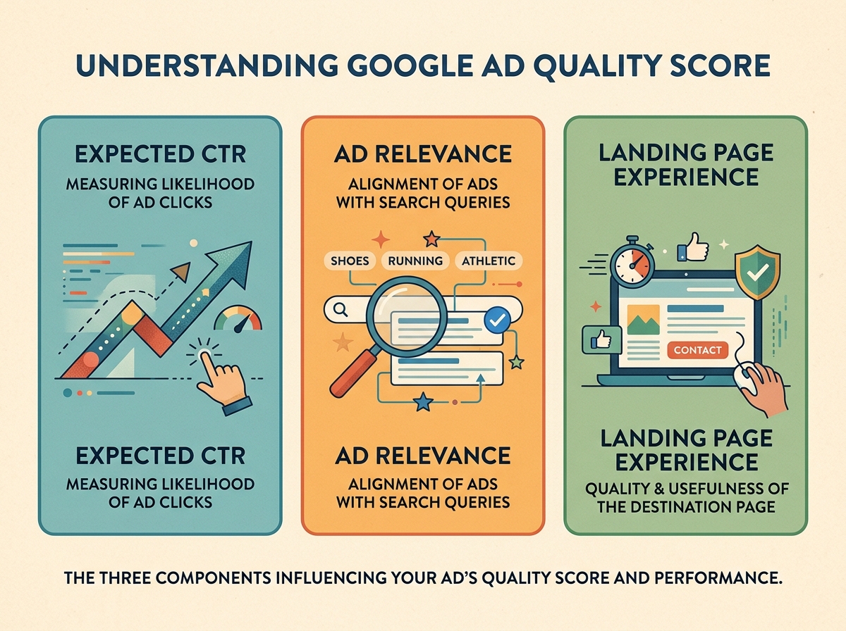 The three components of Google Ads Quality Score: Expected CTR, Ad Relevance, and Landing Page Experience.