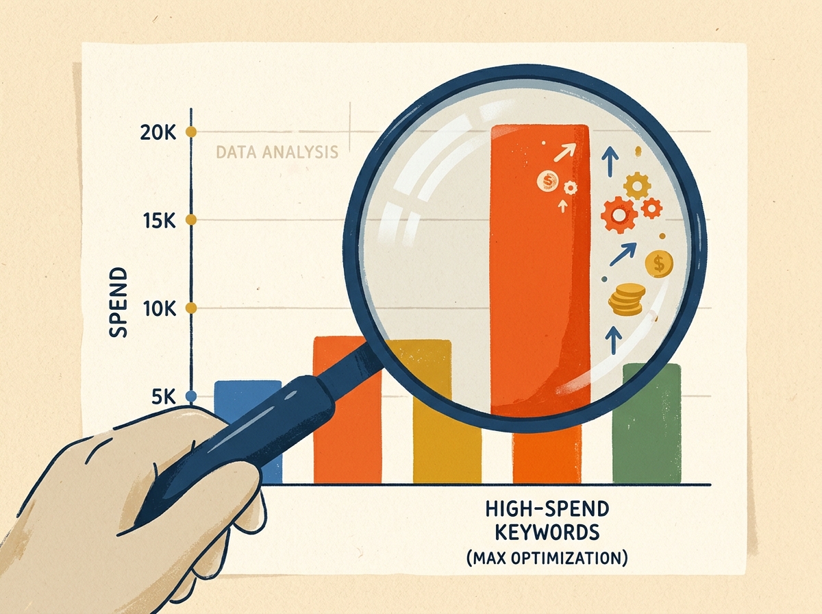 An illustration of a magnifying glass focusing on a large bar in a bar chart, representing prioritizing high-spend keywords.