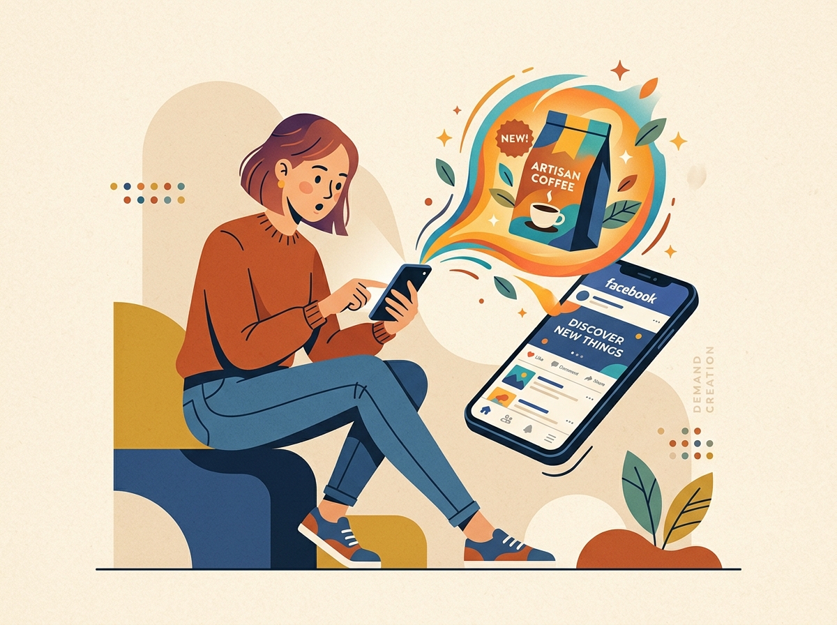 A user scrolling a social feed on their phone, with a product visually emerging from the screen, symbolizing discovery through Facebook Ads.