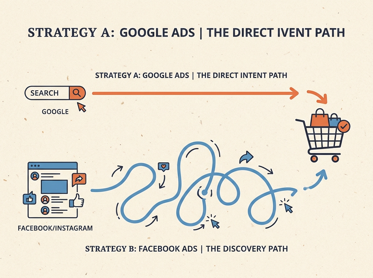 An illustration showing the direct path of Google Ads (search to purchase) versus the discovery path of Facebook Ads (social feed to purchase).