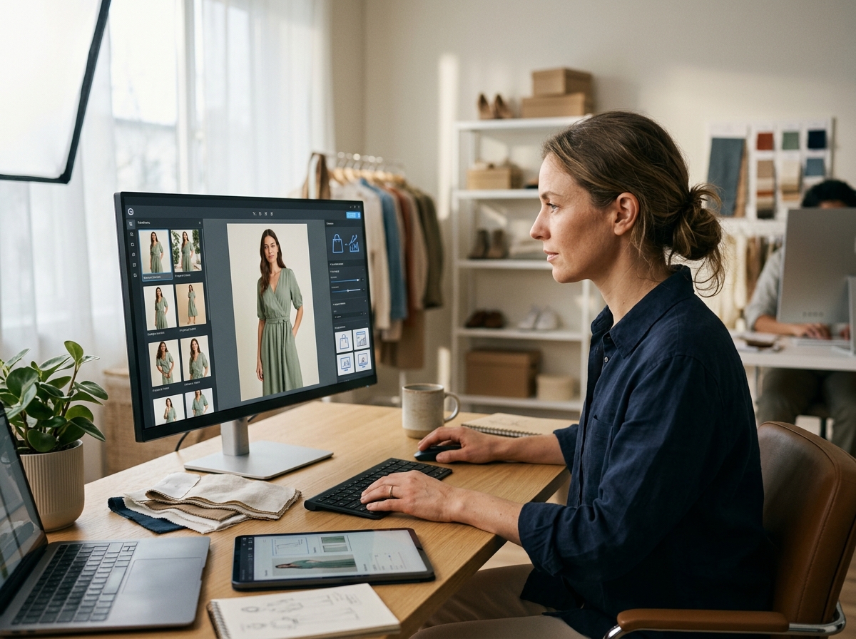 A merchandiser adapting product images for multiple marketplaces using AI.