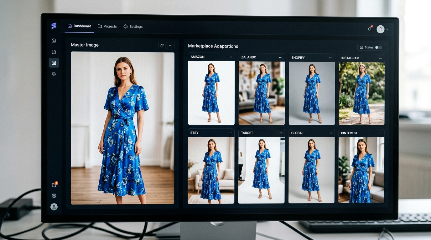 AI interface showing a master product image being automatically adapted for various e-commerce platforms.