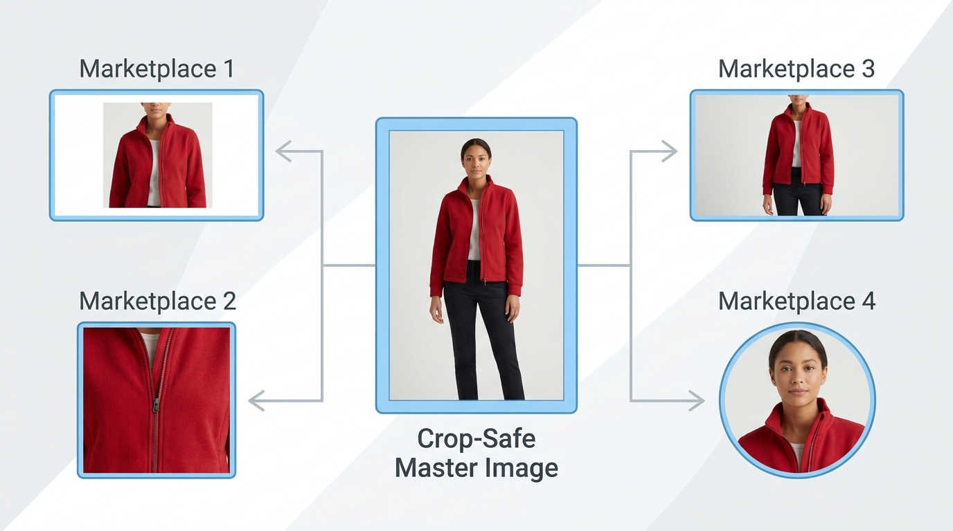 A diagram illustrating how a crop-safe master image is used to generate multiple image versions for different marketplaces.