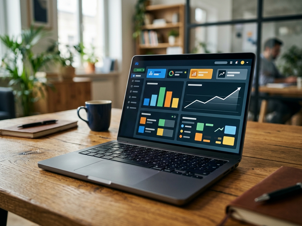 A laptop on a desk showing a simplified Meta Ads dashboard, illustrating the 7-day optimization method.