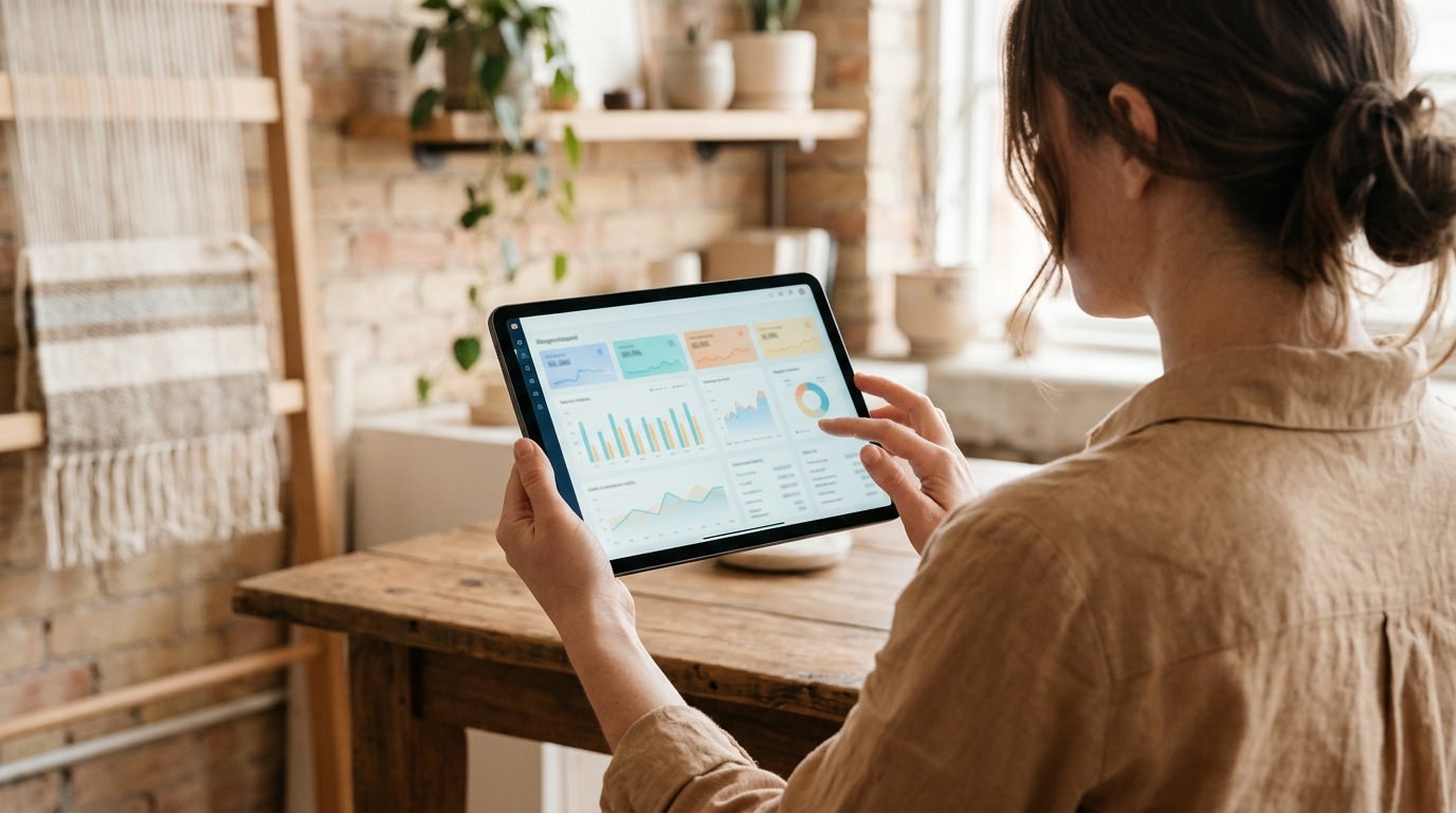 A marketer confidently reviewing a clean, AI-driven diagnostics report on a tablet.