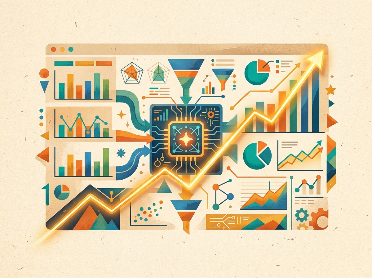 An abstract illustration of an AI-powered Meta Advantage+ campaign being optimized.