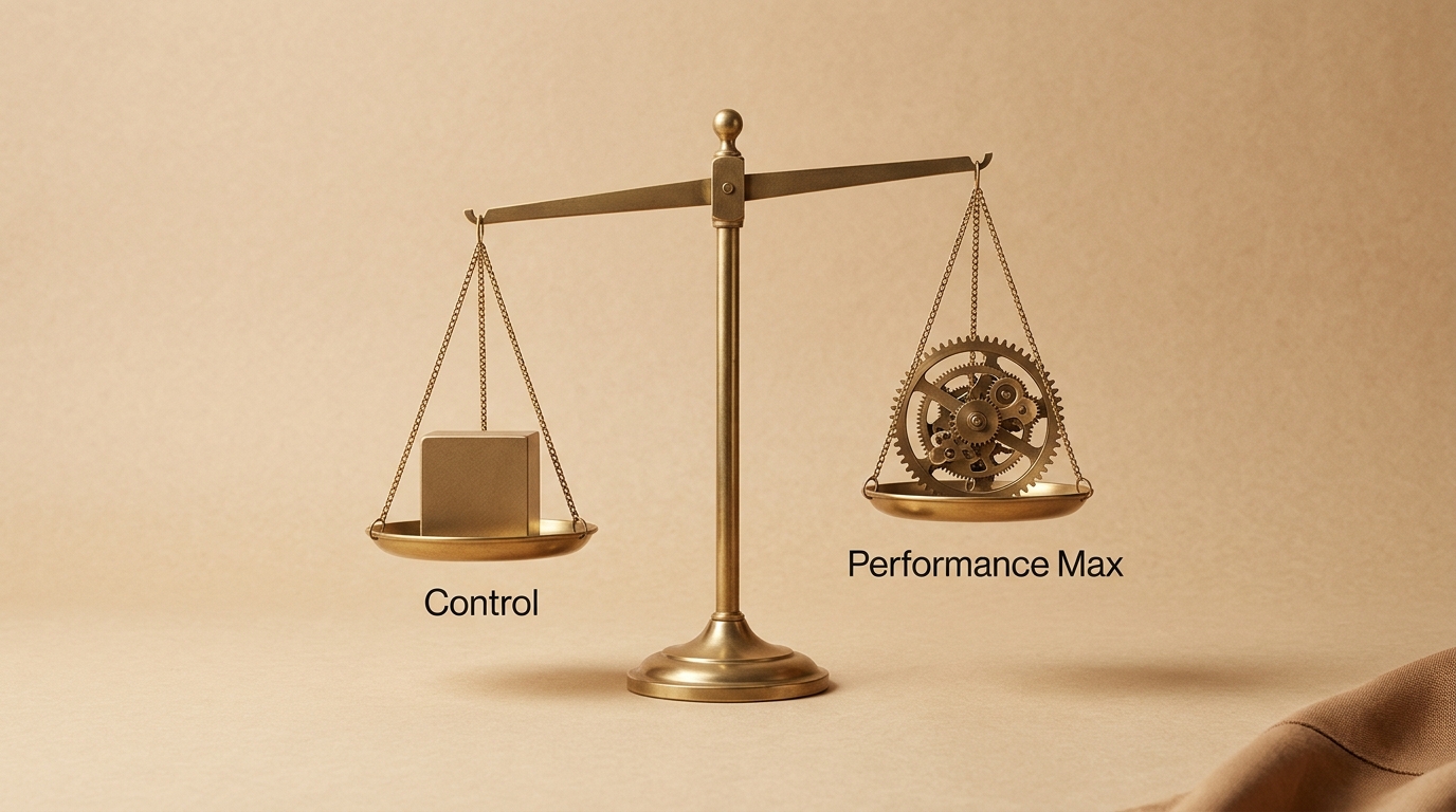 A simple scale weighing 'Control' (Search campaigns) against 'Automation' (Performance Max).