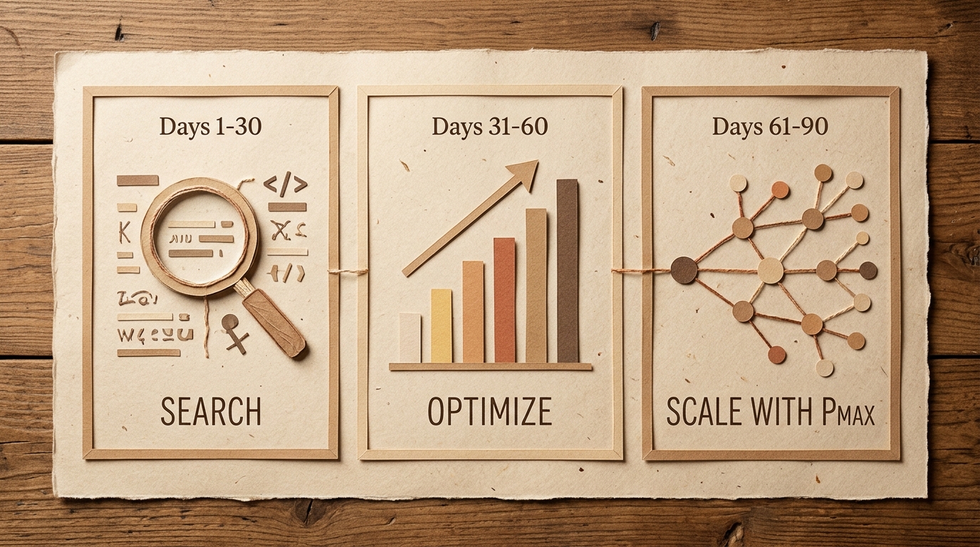 A 90-day plan divided into three 30-day phases: Search, Optimize, and Scale with PMax.