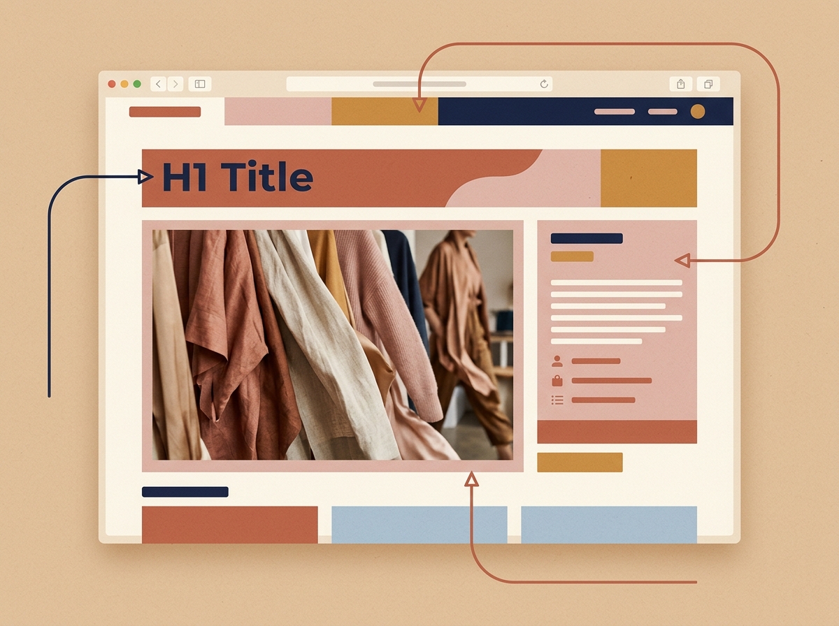 A product page for a fashion item, with callouts showing key SEO fix areas like the title, description, and images.