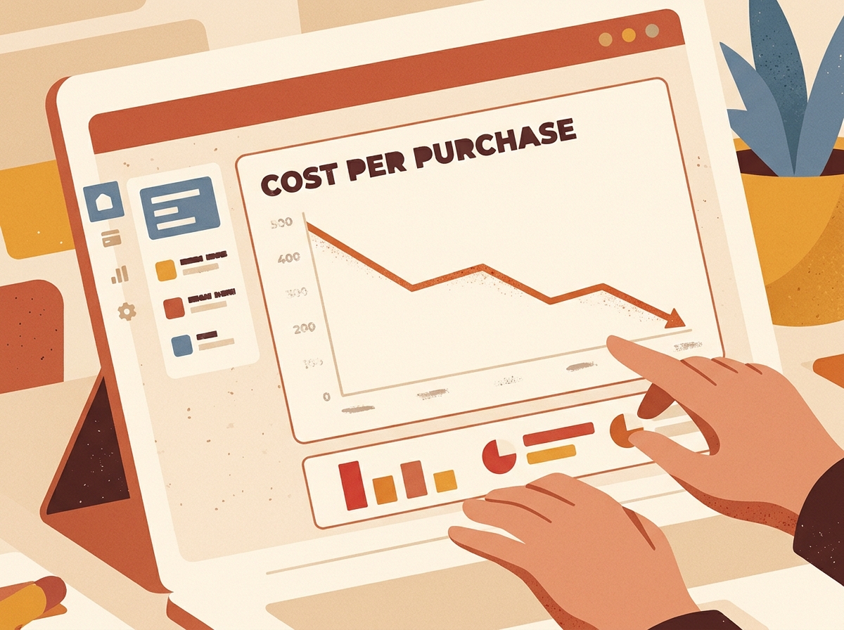 A marketing analyst reviewing Meta Ads cost per purchase metrics on a dashboard.