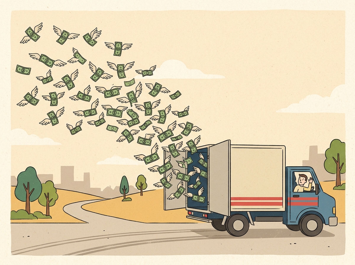 Illustration showing money flying away from a delivery truck to represent RTO losses.
