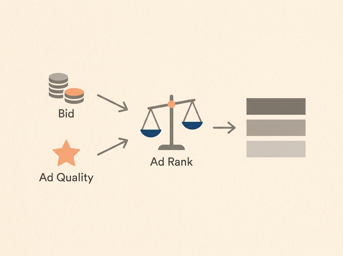 A diagram explaining the PPC ad auction, showing that bid amount and ad quality score combine to determine ad rank.