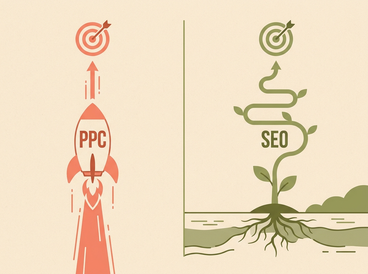 An illustration comparing PPC, shown as a fast rocket, and SEO, shown as a slow-growing tree, to represent their different speeds for achieving results.