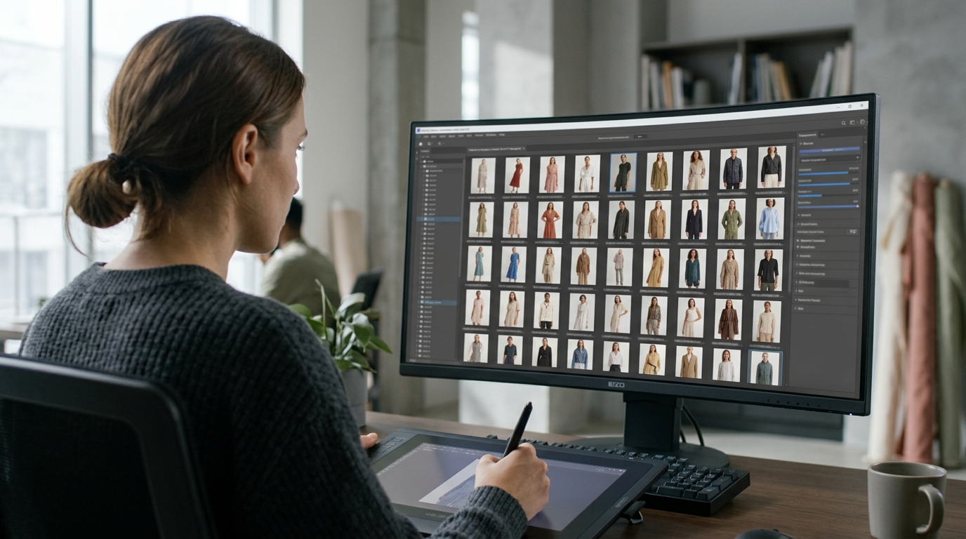 A post-production specialist using AI tools to edit fashion photography on a computer.
