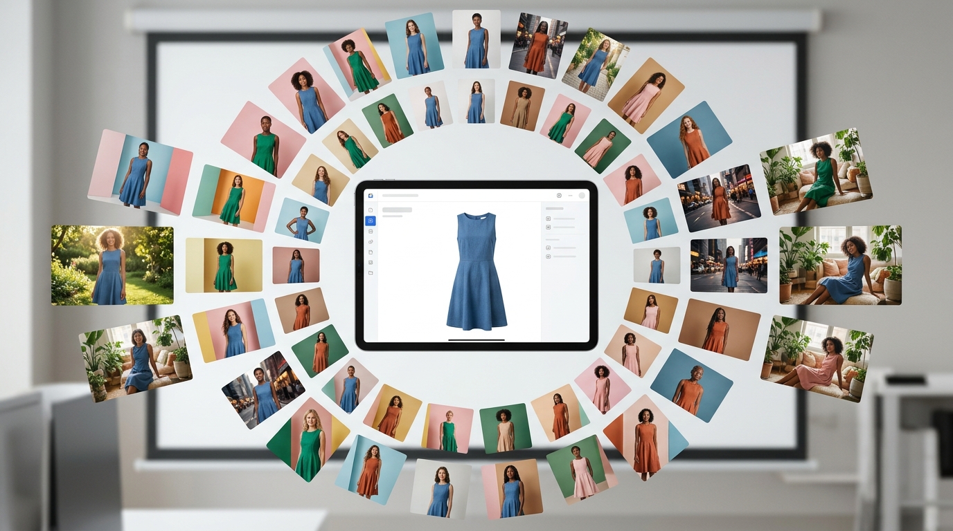 An infographic showing how AI generates multiple image variations from a single source file.