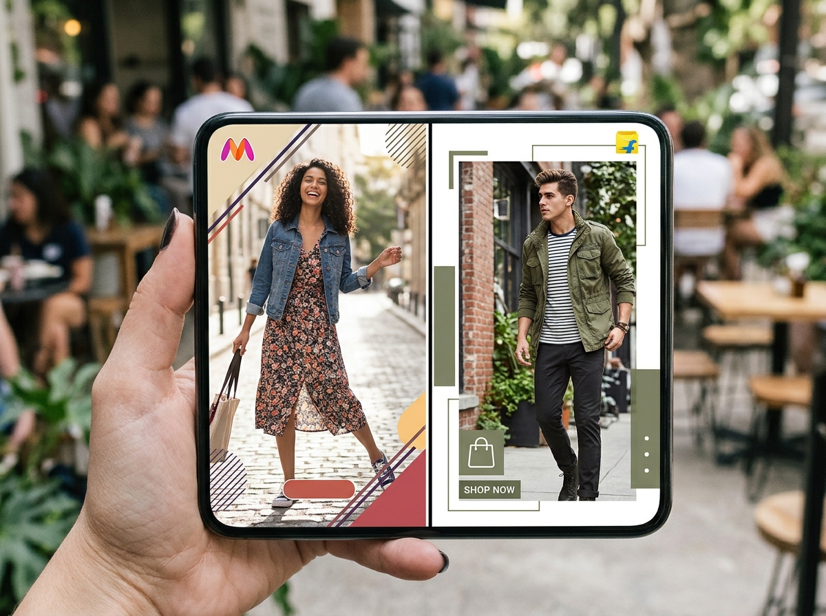 A split screen showing a Myntra fashion ad on the left and a Flipkart ad creative on the right, representing best practices.