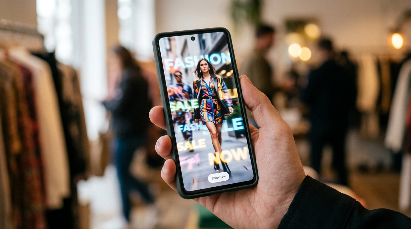 A smartphone displaying a dynamic video ad for a fashion brand on Flipkart, highlighting key features and a call to action.