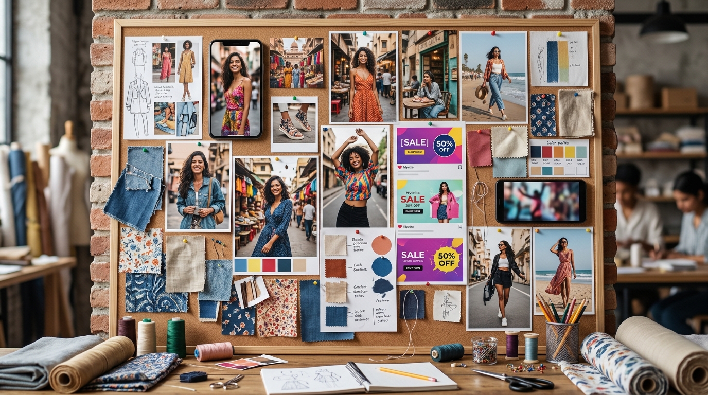 A mood board showcasing a variety of successful fashion ad creatives used on Myntra, emphasizing lifestyle and offer-driven visuals.