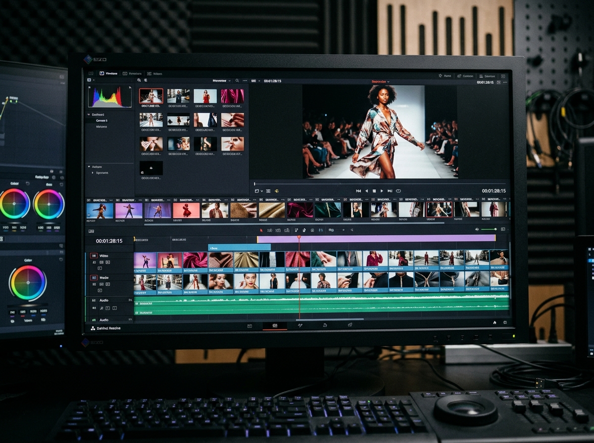 A professional video editor reviewing a fashion video ad sequence on a professional editing suite for higher conversions